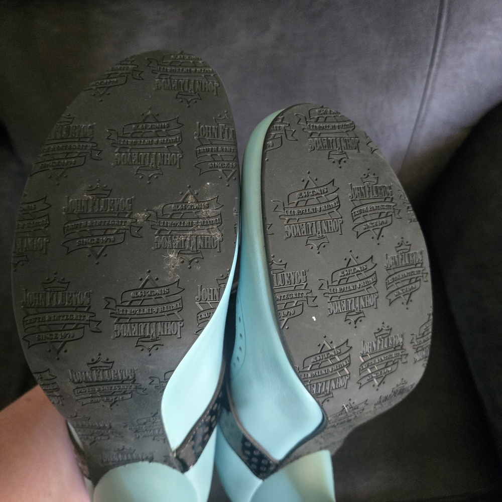John Fluevog Bellevue Mollie Johnson Lace Up Aqua and Black Heels - Picture 4 of 7